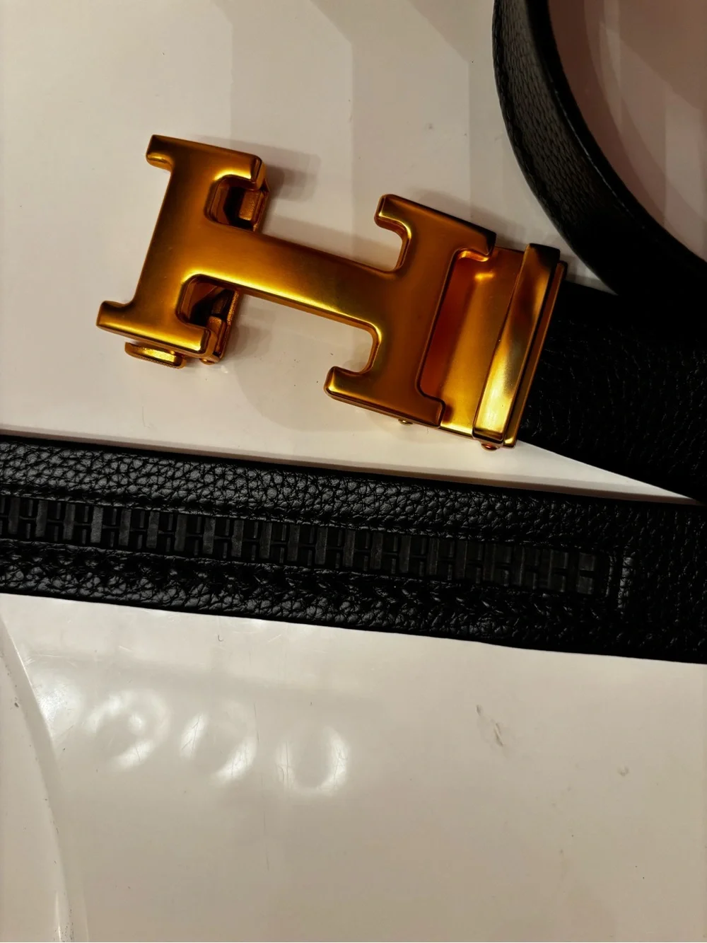 Black Leather Belt with Gold H Buckle